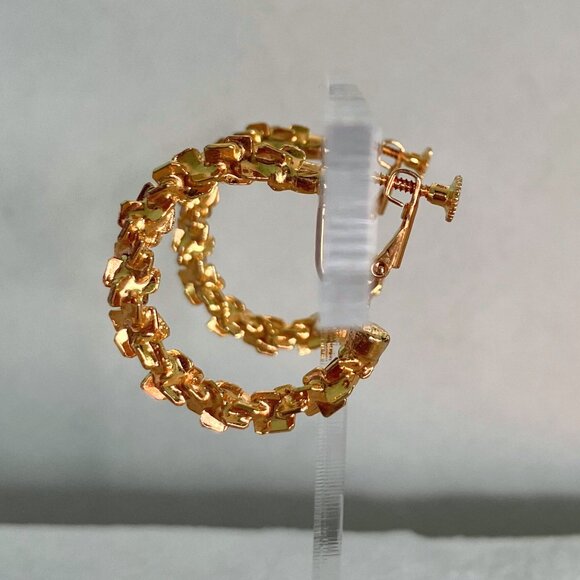 Vintage 60s 70s Gold Tone Brutalist Textured Screw Back Clip Hoop Earrings MCM - Picture 3 of 8